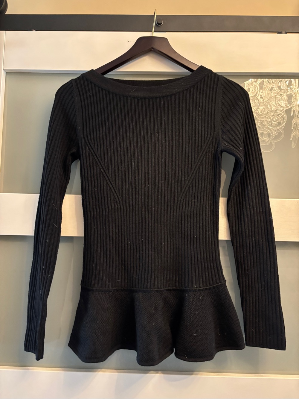Tory Burch Black Merino Wool Ribbed Peplum Sweater XS